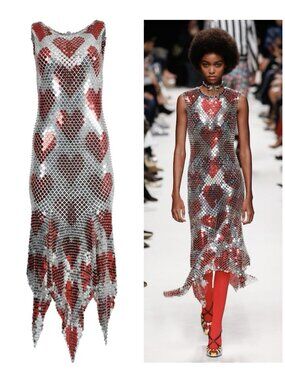 Paco Rabanne Red Heart Print sequined Chain-link Midi Dress FR40/US6-8